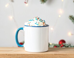 Plain white mug with blue handle Mock up Christmas background photo