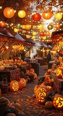 Autumn Pumpkin Market with Warm Lighting.