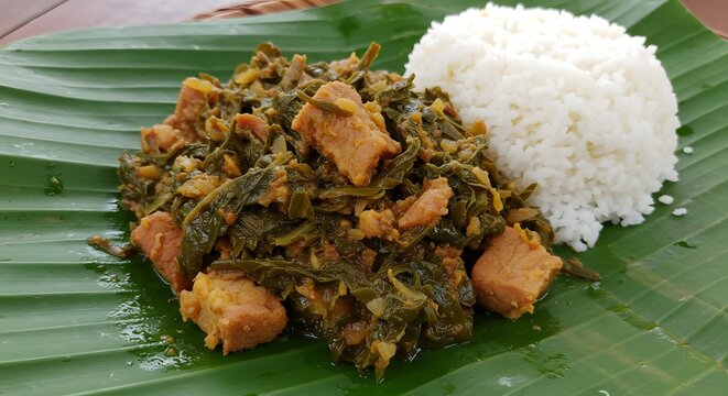 "Ravitoto Feast, national dish of Madagascar with pork"