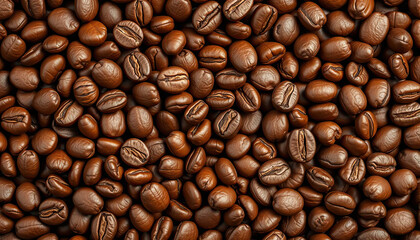 Obraz premium Close up background texture of roasted coffee beans covering entire frame, rich brown organic caffeine ingredient, seamless pattern design resource for cafe branding, espresso packaging or food presen