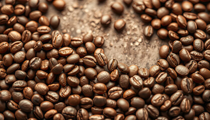 Fototapeta premium Roasted coffee beans scattered around edges with empty center space on rustic textured surface, flat lay top view minimal background design resource for cafe branding, espresso packaging or product la