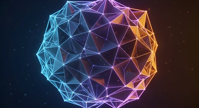 Photo of a complex geometric polyhedron glowing with vibrant blue and orange light against a dark
