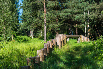 Natural log stepping playground for children in an urban park. Wooden play structures and balance...