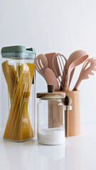  kitchen still life showcasing a clear pasta storage container, a salt jar, and a wooden utensil...