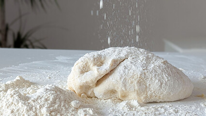 An image showcasing the process of baking, with flour dusted over dough on a clean white surface.
