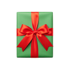 Green gift box with red ribbon bow isolated on transparent background, clipping path included
