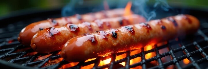 Close-up sizzling sausages, flames, smoke  Summer BBQ , meat, cookout, foodphotography