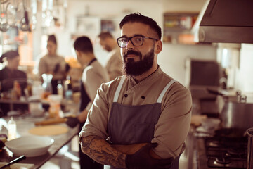 Portrait of a confident chef standing with arms crossed in professional restaurant kitchen