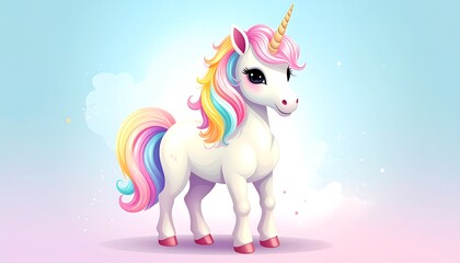 Fototapeta premium Enchanting White Unicorn with Rainbow Mane and Tail.