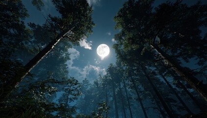 Full moon night in pine forest, low angle view, tranquil scene, nature background, wallpaper