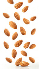 Levitating almonds on a white background.