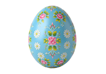 A light-blue egg is decorated with intricate patterns of pink roses, yellow and green leaves, and white daisies.