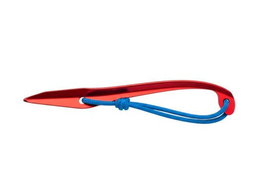 Close-up of a bright red, metallic climbing tool attached to a blue cord, isolated on a black background.