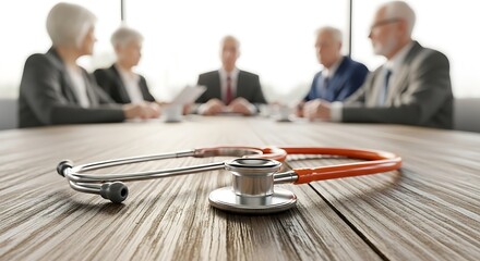 Medical professionals in a meeting with a stethoscope in the foreground