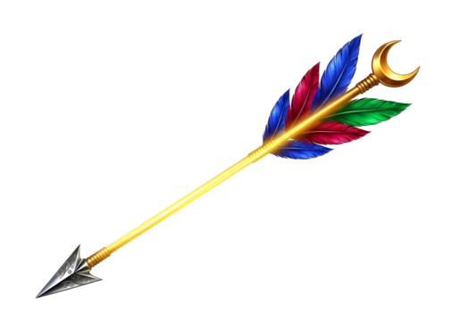 A golden arrow with colorful feathers and a crescent moon embellishment, set against a stark black backdrop. - Powered by Adobe