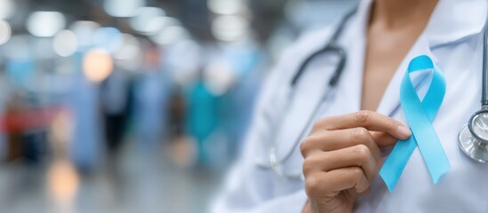 Doctor wearing a stethoscope and proudly displaying a blue ribbon, representing support for prostate cancer awareness and prevention