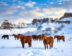Horses in a snowy landscape at sunrise