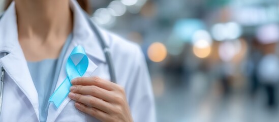Doctor showing support for men's health by holding a light blue prostate cancer awareness ribbon