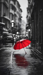 Red Umbrella on Rainy Street &ndash; Black and White Urban Scene