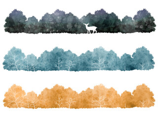 水彩風の森シルエット自然風景素材セット