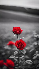 Two Red Roses in Grey Garden &ndash; Romantic Floral Symbolism