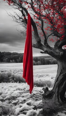 Red Fabric Hanging from Old Tree &ndash; Dramatic Conceptual Landscape