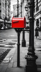 Red Mailbox on City Street &ndash; Urban Monochrome Concept