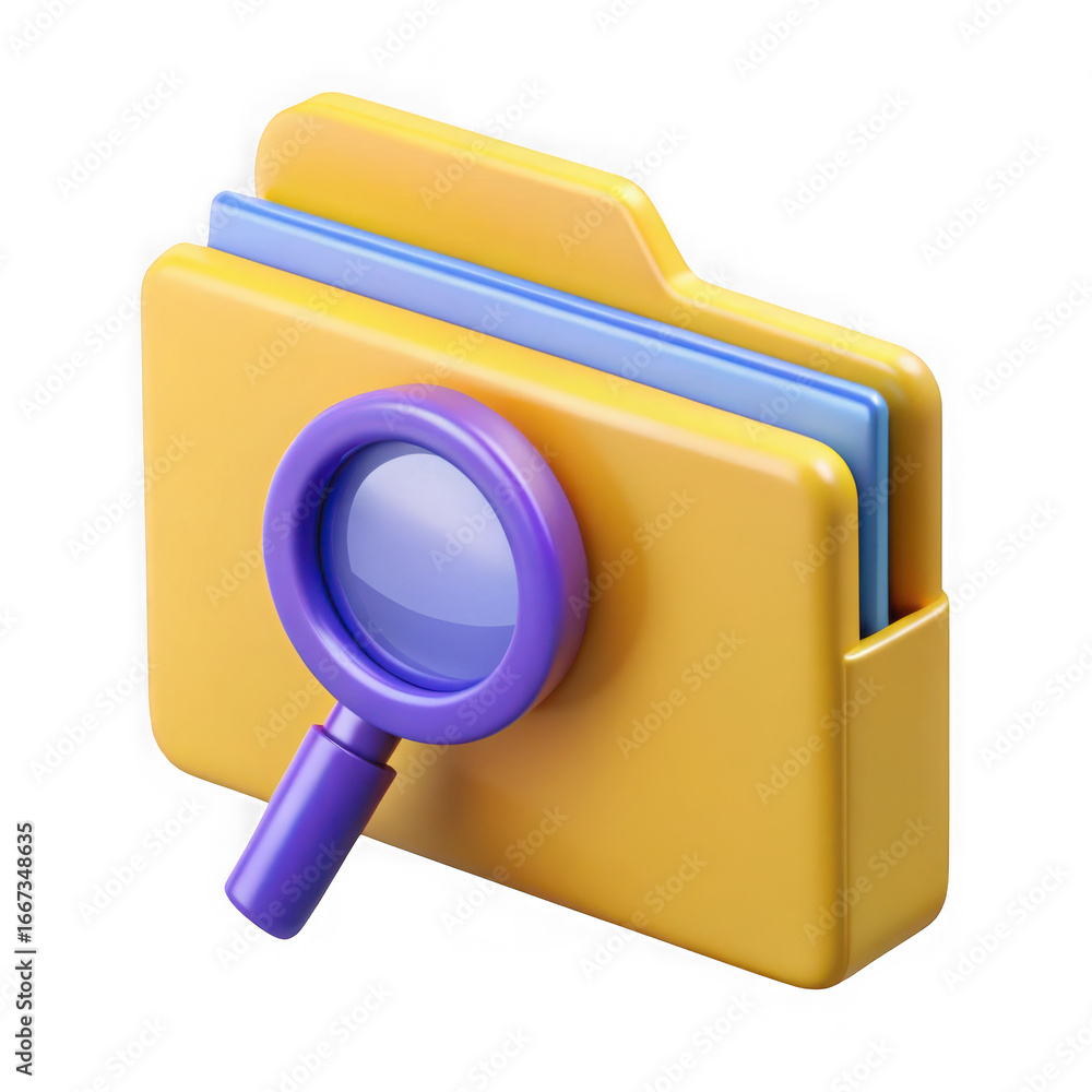 Poster 3d yellow folder with magnifying glass isolated on transparent background isolated on white backgrou