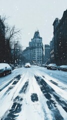 Fototapeta premium A snowy street with cars and a building in the background