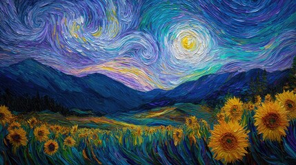 Sunflowers, mountains, starry night, impasto art, field