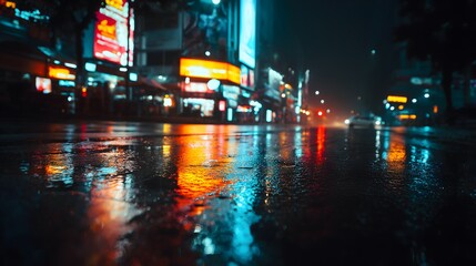 City street at night with neon lights reflecting on wet road, urban nightlife scene after rain, colorful reflections creating moody futuristic atmosphere in downtown cityscape