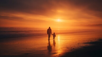 Fototapeta premium Father and child silhouette sunset beach