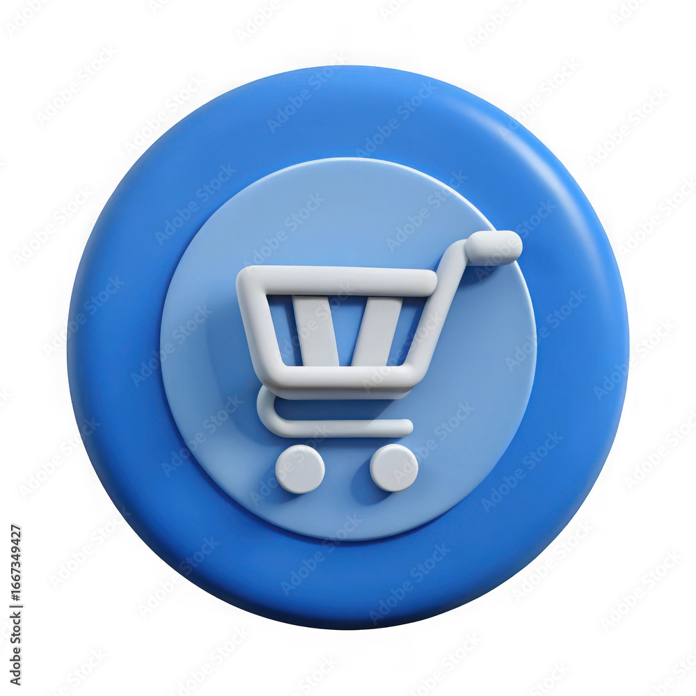 Poster 3d shopping cart icon with blue button isolated on transparent background