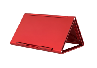A vibrant, glossy red portable device folds into a sleek triangular shape.