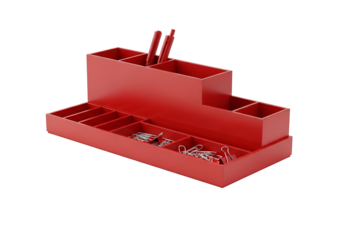 A red, multi-tiered organizer with compartments for pens, pencils, and paperclips is presented against a black backdrop.