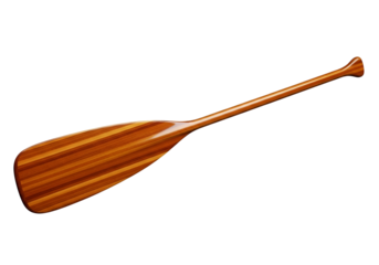 A meticulously crafted wooden canoe paddle, showcasing a rich, warm color palette against a stark black background.