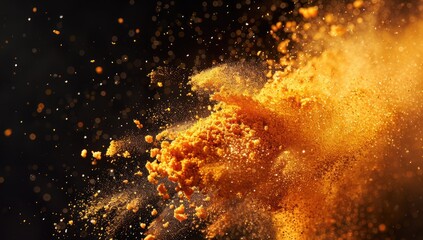 Orange powder explosion against black background.  Food photography, recipe, cooking