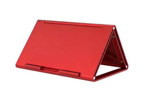 A vibrant, glossy red portable device folds into a sleek triangular shape.