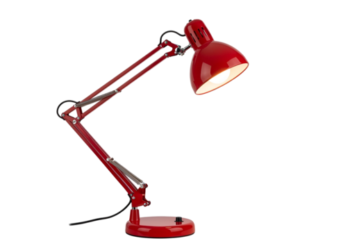 A vibrant red adjustable desk lamp, highlighted against a striking black background, showcases modern design elements.