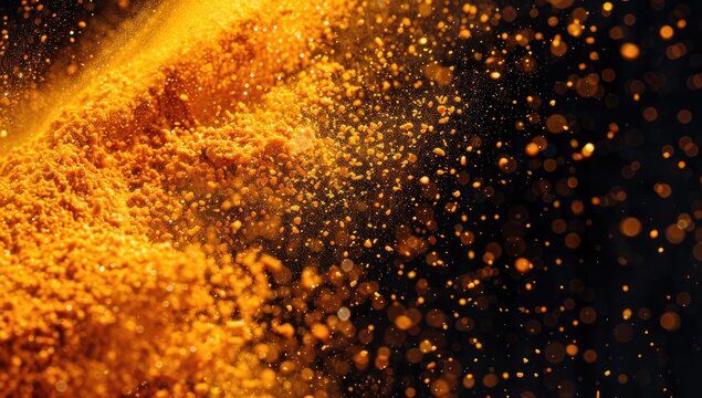 Golden powder explosion, dark background, studio shot, vibrant texture, cosmetic use
