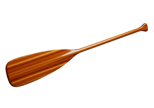 A meticulously crafted wooden canoe paddle, showcasing a rich, warm color palette against a stark black background.