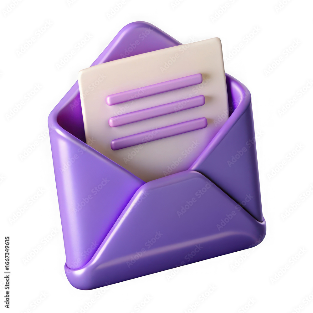 Poster 3d purple envelope with document isolated on transparent background isolated on white background
