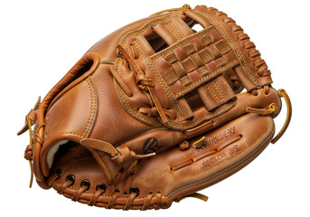 Close-up of a rich, tan leather baseball mitt, showcasing intricate stitching and woven patterns.