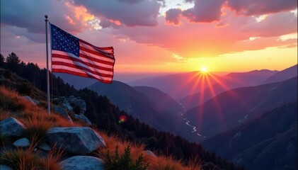 Obraz premium Majestic mountain vista, waving American flag at sunset Wide angle nature photography , nature, vista