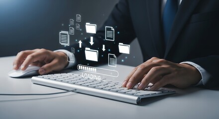 A person in a suit using a computer with a loading bar and digital file icons indicating data transfer and processing business technology office work progress