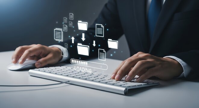 A person in a suit using a computer with a loading bar and digital file icons indicating data transfer and processing business technology office work progress