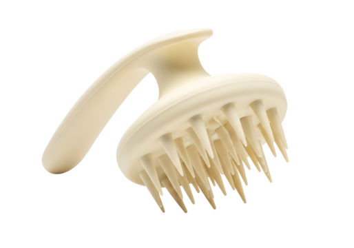 A light beige, ergonomic scalp brush with pointed bristles is presented against a dark background.