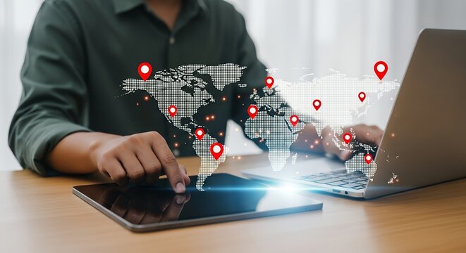 Close up of a person's hands interacting with a digital world map projected onto a desk with location pins and glowing elements on a laptop and tablet