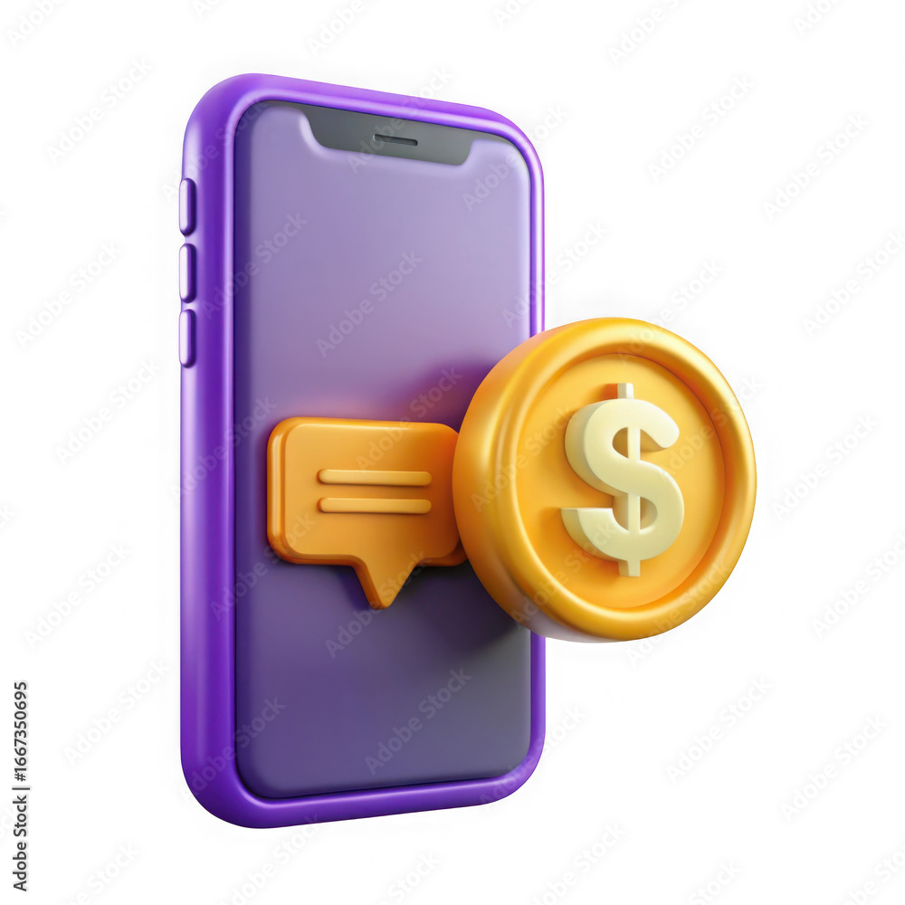 Poster 3d smartphone with dollar coin and chat bubble isolated on transparent background