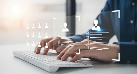 Hands typing on a computer keyboard with a digital interface showing user profiles and checklists User interface Technology Person Data Management Selection